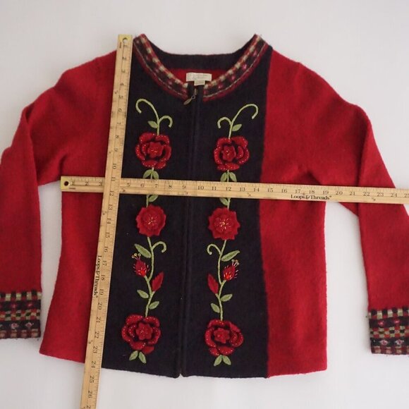 Vintage Christopher Banks Red Knit Floral Beaded 100% Wool Zip Up Sweater L - Picture 4 of 12